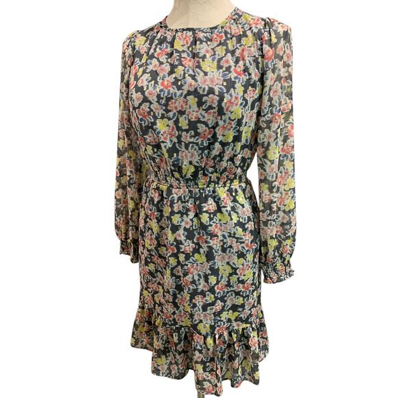 XXS LOFT New Gray Metallic Floral Dress Banded Waist Long Sheer Sleeve - Picture 1 of 11